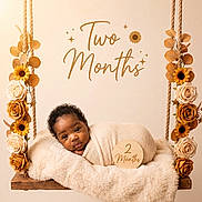 Rashad Sybren joined the competition — help win amazing prizes! baby, infant, two_months, wrapped, blanket, fur_cushion, wooden_swing, flowers, roses, sunflowers, decor, rope, portrait, cute, milestone, studio, photography, soft_lighting, neutral_background, child
