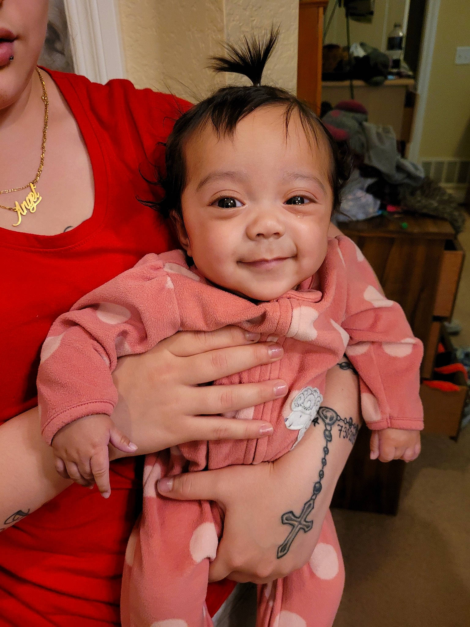 Khaleesi is registered to the contest to win money with this photo: abdomen, baby, cheek, chest, child, comfort, eyelash, finger, gesture, happy, human_body, iris, joy, mouth, neck, person, pink, skin, smile, thumb