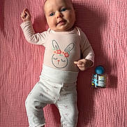 Zaïna participe au concours pour gagner de l'argent avec cette photo : baby, infant, pink_blanket, pajamas, bunny_print, lying_down, bottle, cute, child, face, foot, hand, expression, soft_texture, indoors, portrait, sleepwear, small_object, relaxed, adorable