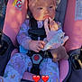 baby, child, car_seat, headband, pink, floral, onesie, toy, hand, face, sitting, seatbelt, comfort, indoor, shadow, sunlight, cute, infant, young_child, peaceful