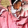 newborn, baby, sleeping, pacifier, headband, pink_blanket, plush_toy, giraffe, soft_texture, wooden_sign, hello_world, cute, infant, indoors, resting, child, blanket, peaceful, portrait, adorable