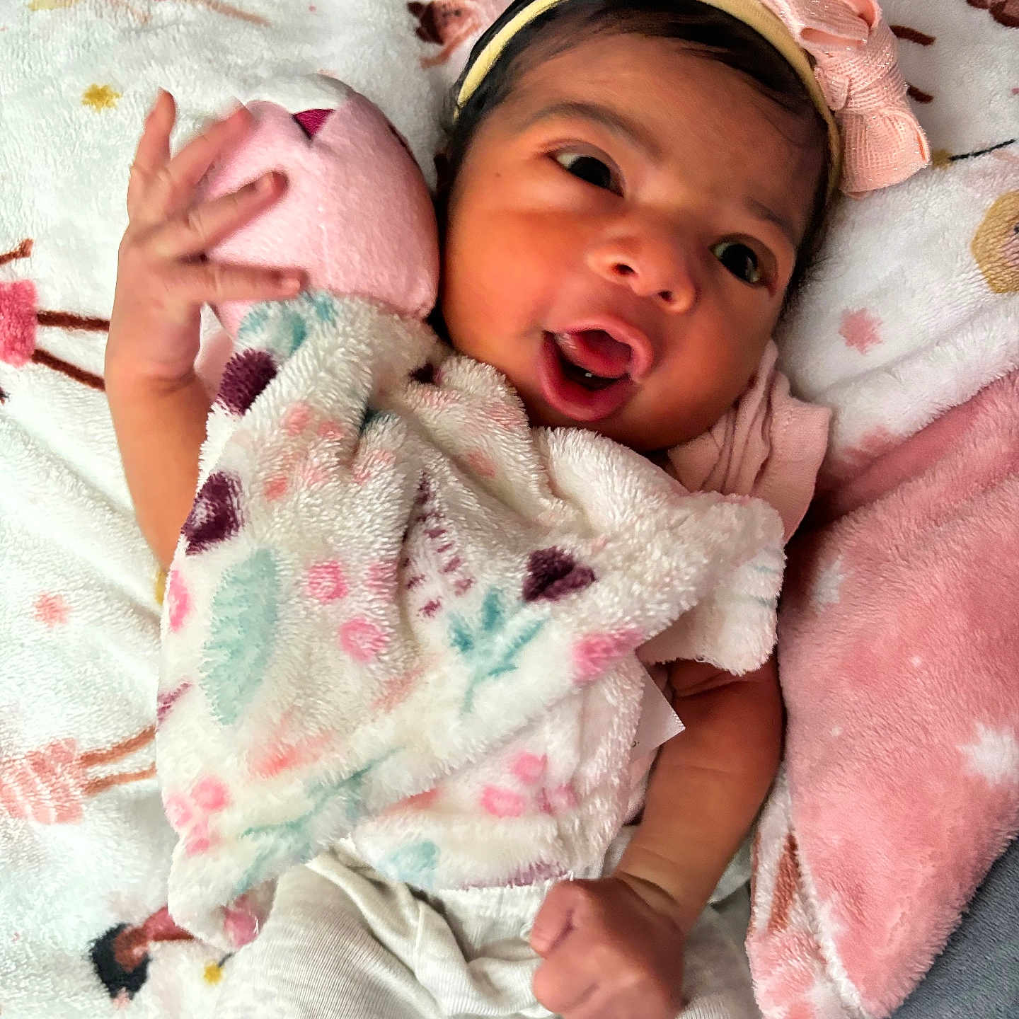 Meilani Rose is registered to the contest to win money with this photo: baby, blanket, child, clothing, cozy, cute, expression, face, hand, headband, indoors, infant, lying_down, newborn, patterned_blanket, pink_bow, plush, soft_toy, surprised, toy