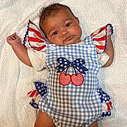 Lakeyn joined the competition — help win amazing prizes! baby, infant, child, portrait, smiling, cute, clothing, blue, white, red, pattern, stars, stripes, cherry, towel, soft, lying_down, arms_up, face, expression