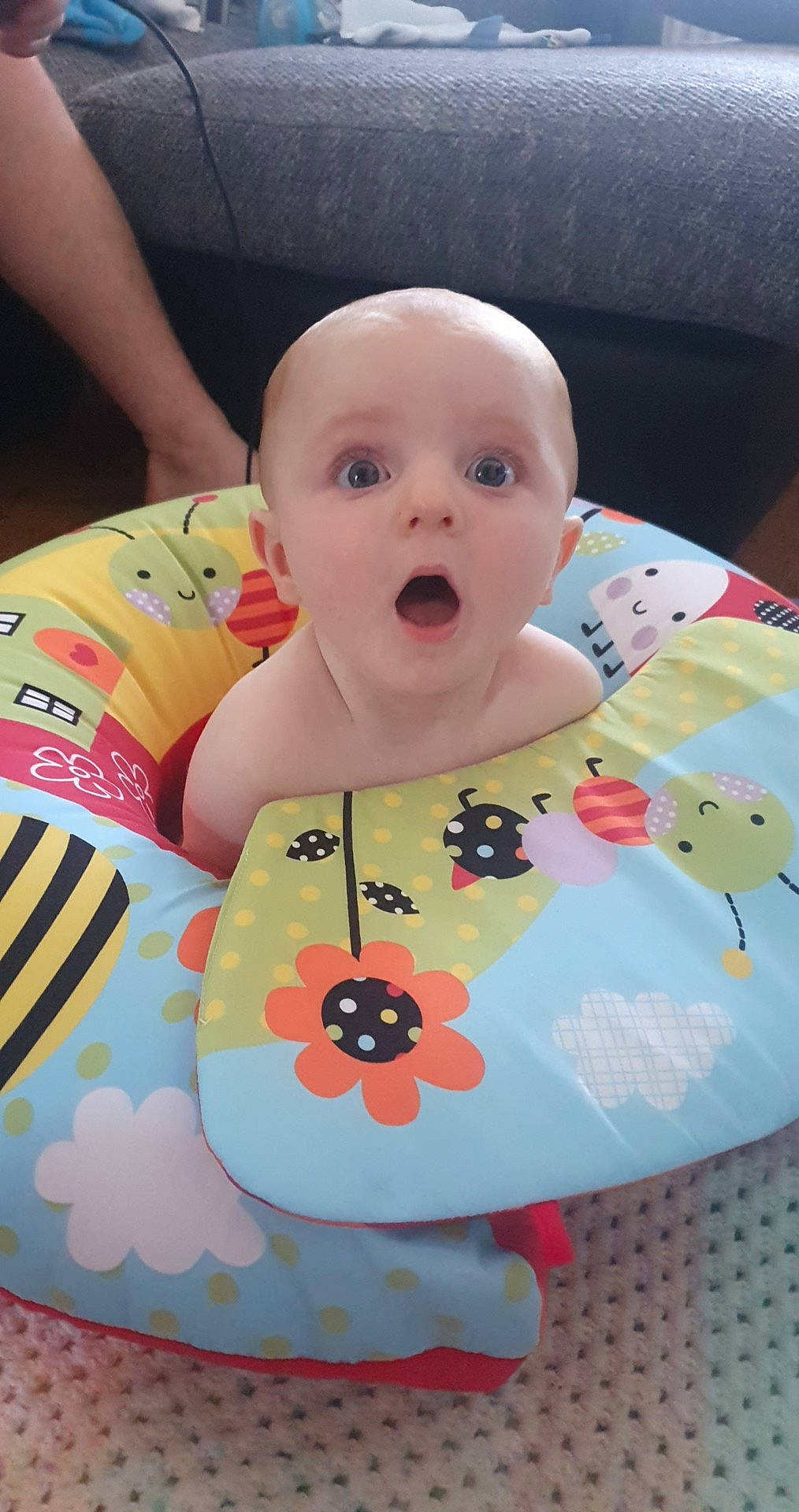 Reggie joined the competition — help win amazing prizes! baby, baby_toddler_clothing, baby_toys, cheek, child, head, person, product, surprise, textile, toddler