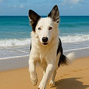 Tayla a rejoint le concours — aidez-le/la à gagner de superbes lots ! dog, border_collie, running, beach, sand, ocean, waves, blue_sky, heterochromia, outdoor, animal, pet, canine, playful, sunny, nature, mammal, fur, active, daytime