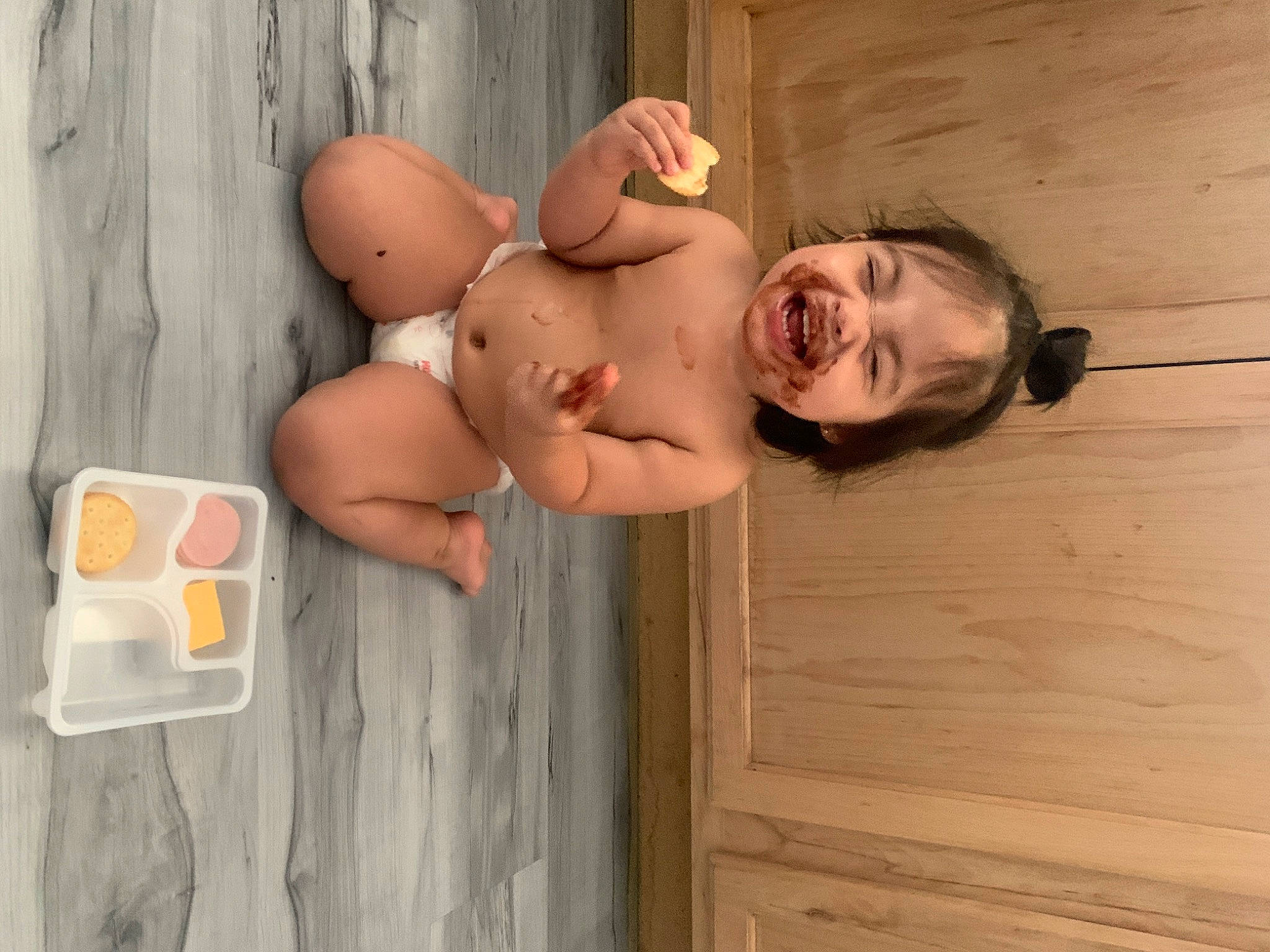Catalina joined the competition — help win amazing prizes! abdomen, baby, barechested, chest, child, diaper, elbow, fawn, fun, happy, hardwood, human_leg, joy, knee, navel, person, room, stomach, thigh, toddler
