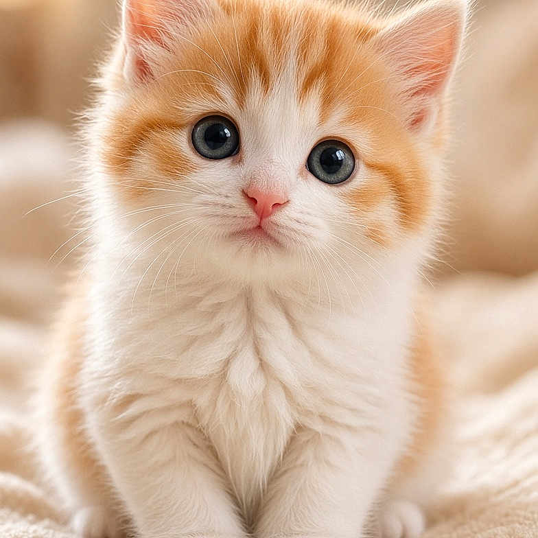 Mimi participe au concours pour gagner de l'argent avec cette photo : kitten, cat, orange, white, fluffy, cute, pet, animal, feline, young, small, soft, fur, whiskers, ears, nose, paws, indoor, blanket, portrait