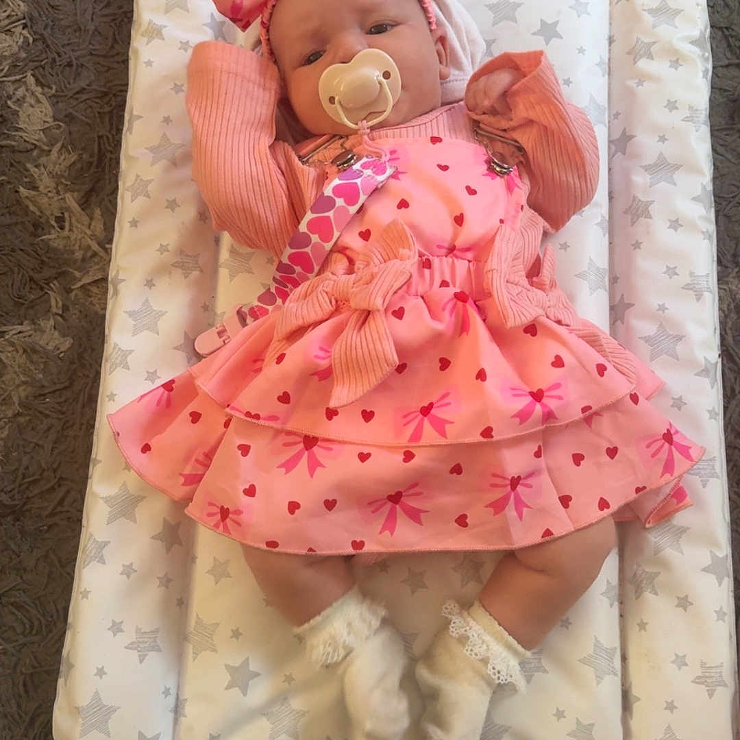 Nevaeh-Joan joined the competition — help win amazing prizes! adorable, baby, baby_girl, carpet, child, clothing, comfortable, cushion, cute, floor, headband, indoor, infant, lying_down, pacifier, pink_dress, sleeping_mat, socks, soft_toys, star_pattern