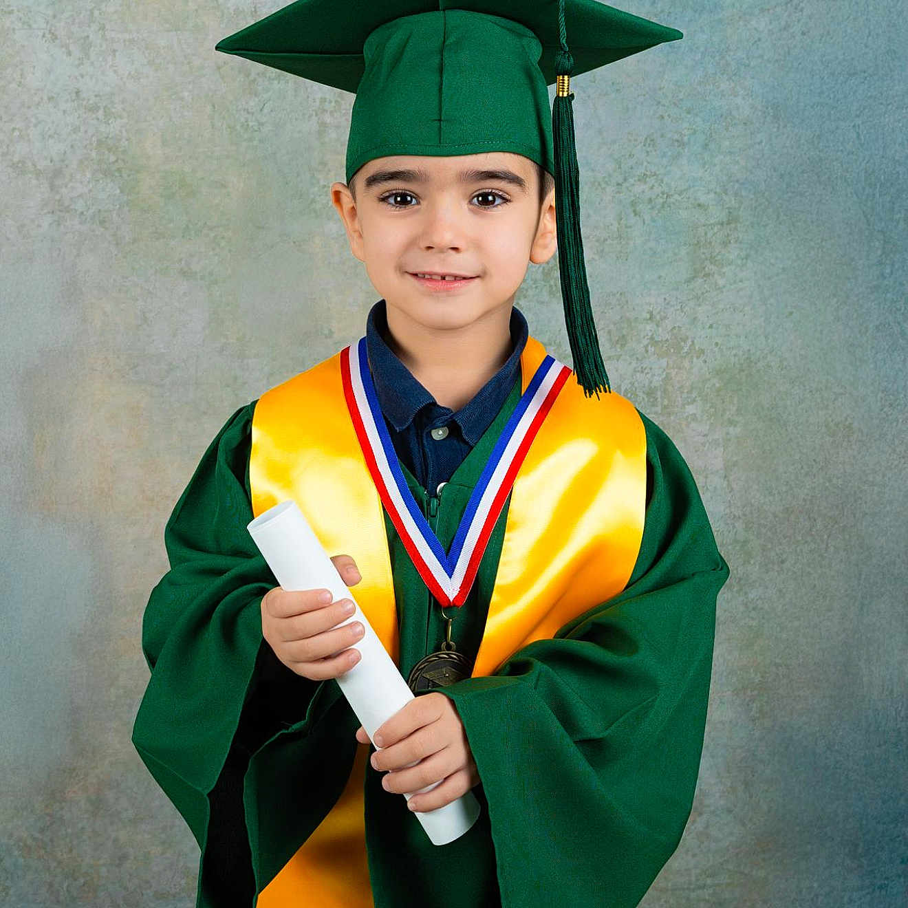Brayant joined the competition — help win amazing prizes! achievement, award, celebration, child, diploma, education, face, formal_wear, graduate, graduation_cap, graduation_gown, green_clothing, indoors, medal, person, portrait, smile, studio_photo, yellow_sash, young_boy