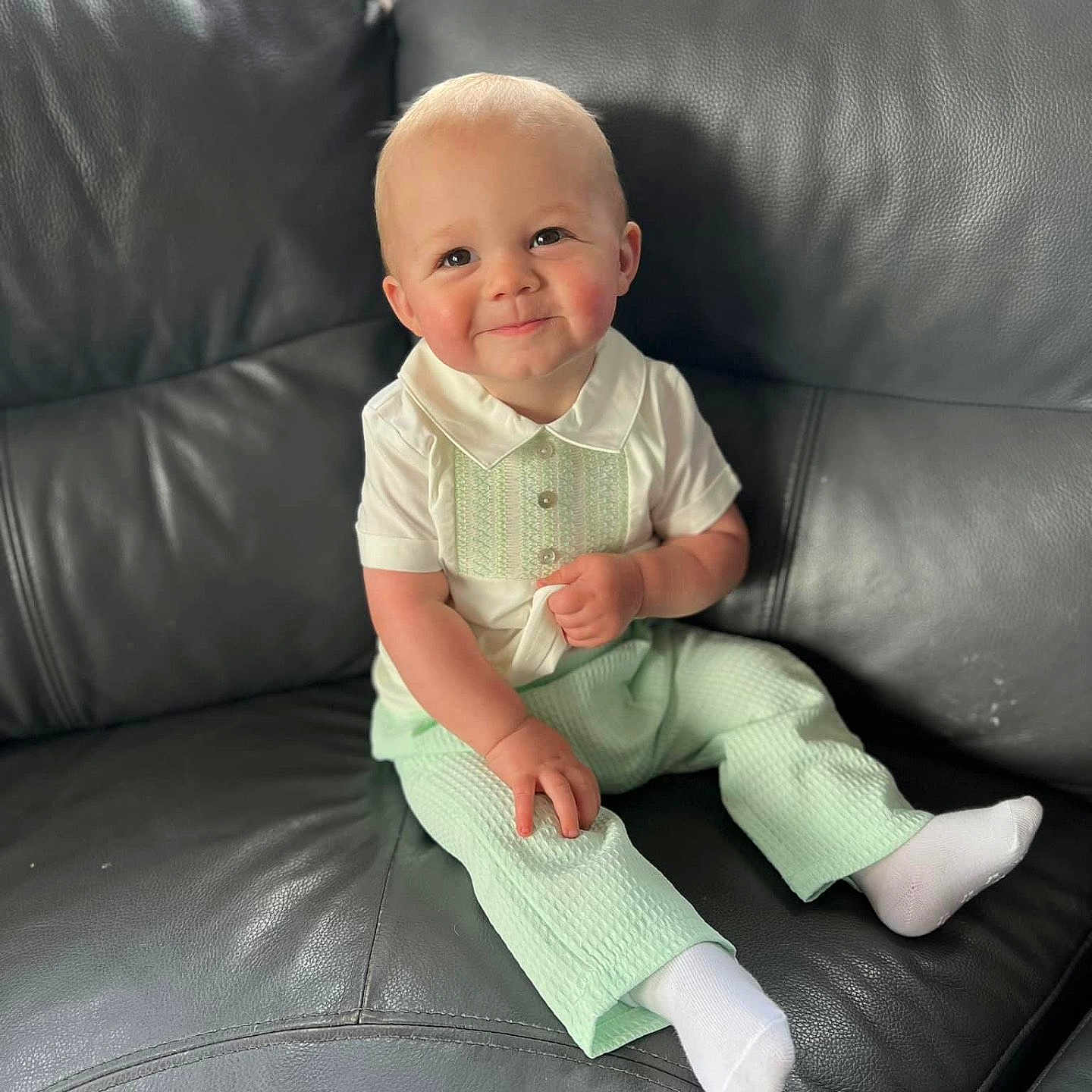 Ocean-Blu is registered to the contest to win money with this photo: baby, babylaughing, chair, clothing, couch, cushion, face, furniture, happy, head, homedecor, hosiery, jeans, pants, person, photography, portrait, sitting, smile, sock