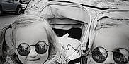 Celia participe au concours pour gagner de l'argent avec cette photo : child, children, toddler, stroller, jacket, coat, glasses, sunglasses, reflection, outdoor, street, trees, winter, smile, portrait, black_and_white, cute, happy, twins, siblings