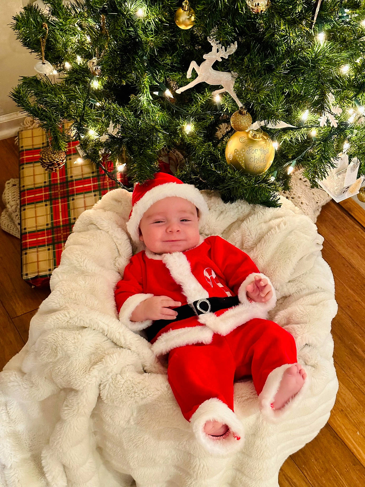 Beckham joined the competition — help win amazing prizes! baby, baby_toddler_clothing, christmas, christmas_decoration, christmas_eve, christmas_ornament, christmas_tree, comfort, conifer, event, fur, happy, headwear, holiday, holiday_ornament, interior_design, lap, ornament, person, santa_claus