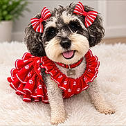 Millie is registered to the contest to win money with this photo: dog, puppy, pet, portrait, red_dress, bows, costume, frills, polka_dots, tongue_out, happy, sitting, lying_down, curly_fur, black_and_white, collar, indoor, fluffy_rug, home, cute