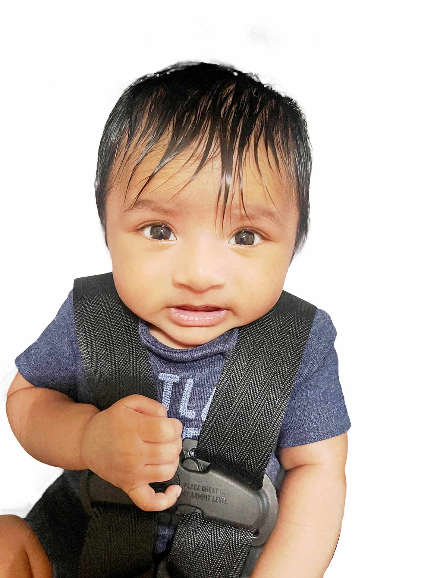 Sharvik is registered to the contest to win money with this photo: baby, child, face, hair, eyes, blue_shirt, car_seat, harness, hand, infant, portrait, cute, expression, skin, young, seatbelt, safety, closeup, person, indoors
