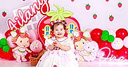 Ailany Hernández is registered to the contest to win money with this photo: baby, child, birthday, dress, strawberry, balloons, cartoon, smile, celebration, party, girl, headband, white, pink, red, green, background, happy, one, decorations