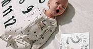 Harley is registered to the contest to win money with this photo: baby, infant, blanket, numbers, yawning, milestone_card, elephant_illustration, sleepwear, floor, wooden_floor, cozy, cute, newborn, lying_down, indoors, child, person, soft_texture, home, adorable