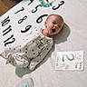 baby, infant, blanket, numbers, yawning, milestone_card, elephant_illustration, sleepwear, floor, wooden_floor, cozy, cute, newborn, lying_down, indoors, child, person, soft_texture, home, adorable