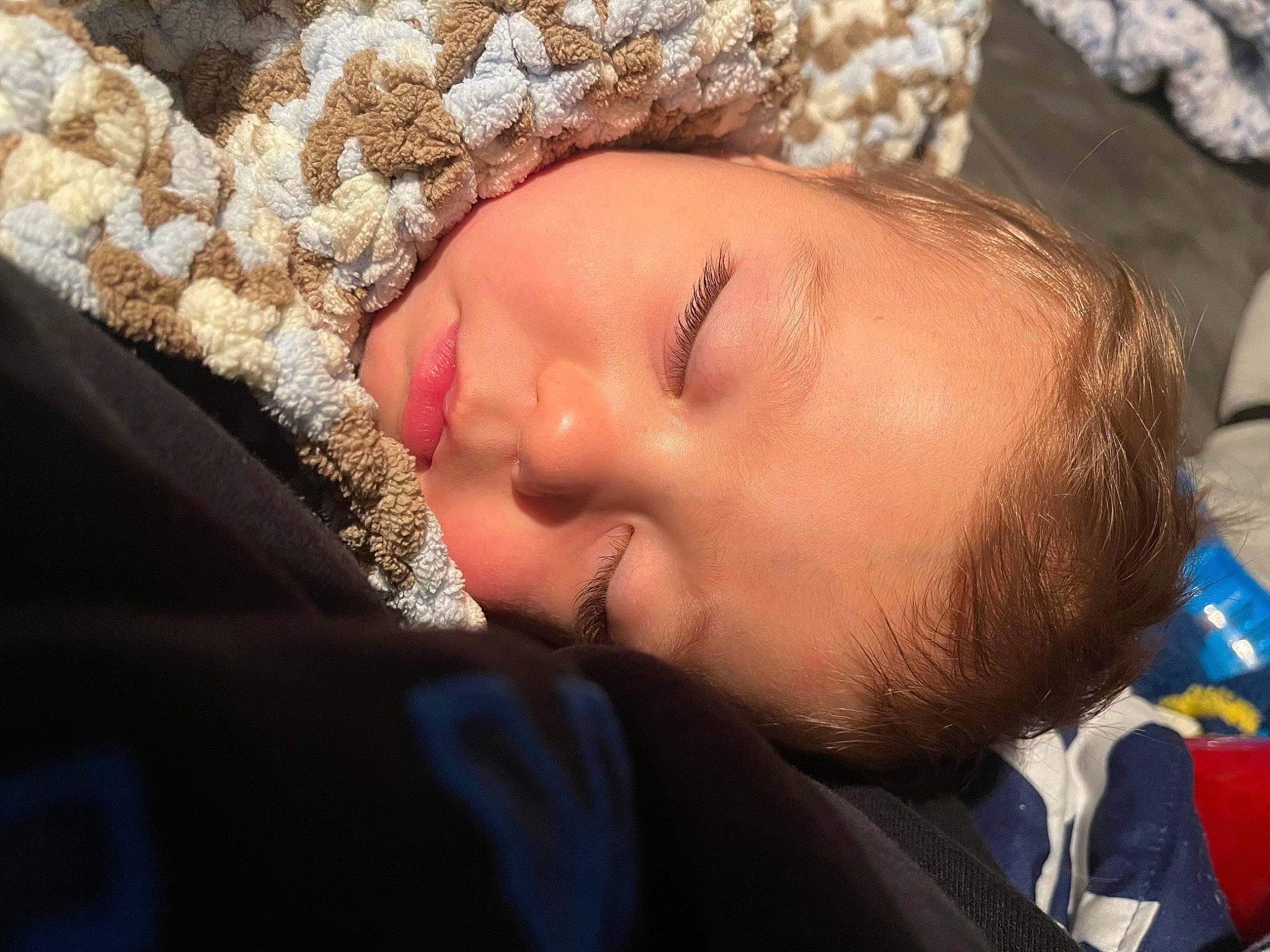 Kreed joined the competition — help win amazing prizes! baby, baby_toddler_clothing, bonnet, cheek, child, close_up, crochet, fur, knit_cap, knitting, lip, nap, person, photography, skin, sleep, thread, toddler, wool, woolen