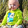 child, baby, toddler, face, blue_eyes, leaf_on_face, green_shirt, periodic_table_design, tree_trunk, autumn_leaves, sitting, outdoors, grass, shoes, serious_expression, ears, bark, nature, sunlight, portrait