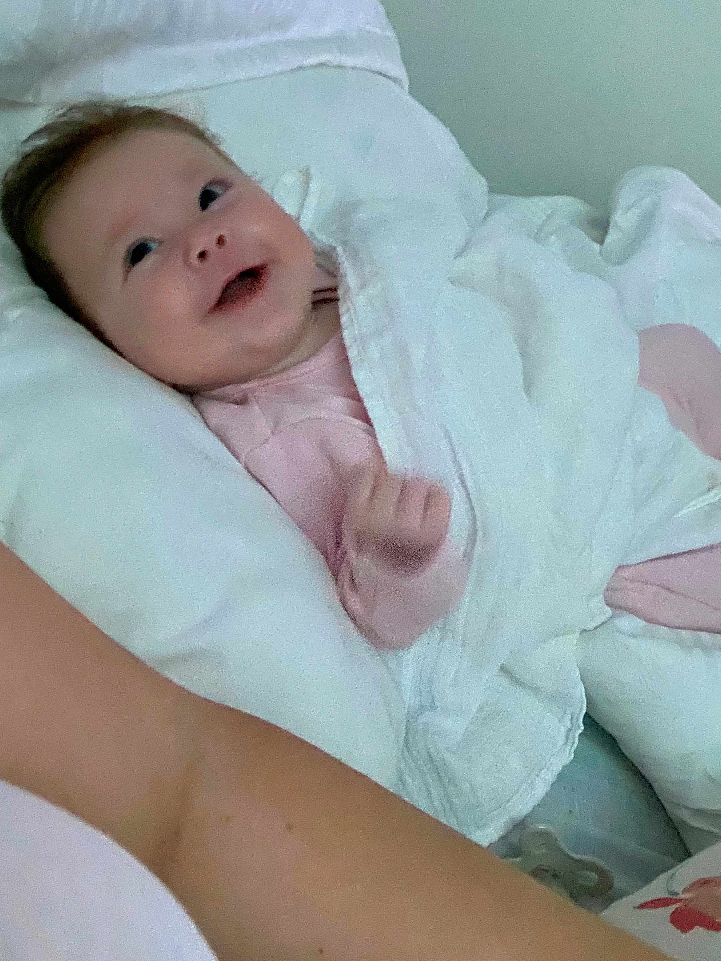 Larosa is registered to the contest to win money with this photo: baby, blanket, pillow, smile, infant, cozy, sleepwear, arm, lying_down, cute, child, soft, indoors, comfort, happy, face, person, newborn, resting, warm