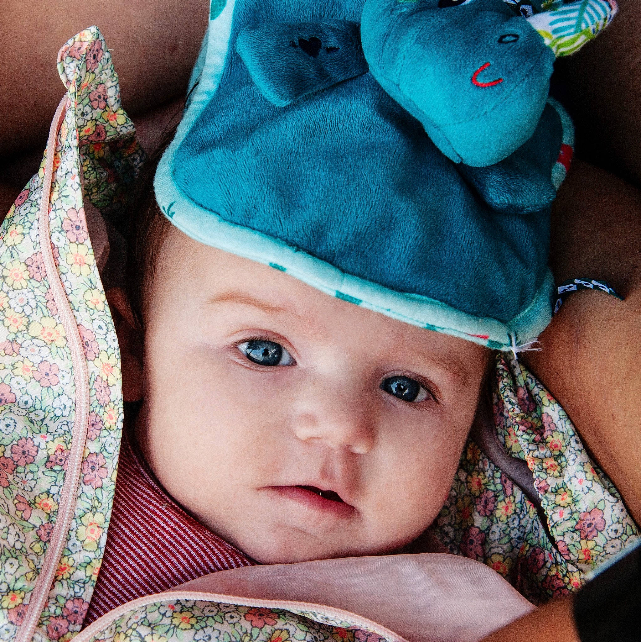 Blue participe au concours pour gagner de l'argent avec cette photo : baby, bonnet, cap, cheek, child, eye, fashion_accessory, hand, hat, head, headgear, headwear, lip, person, product, skin, smile, toddler, turquoise