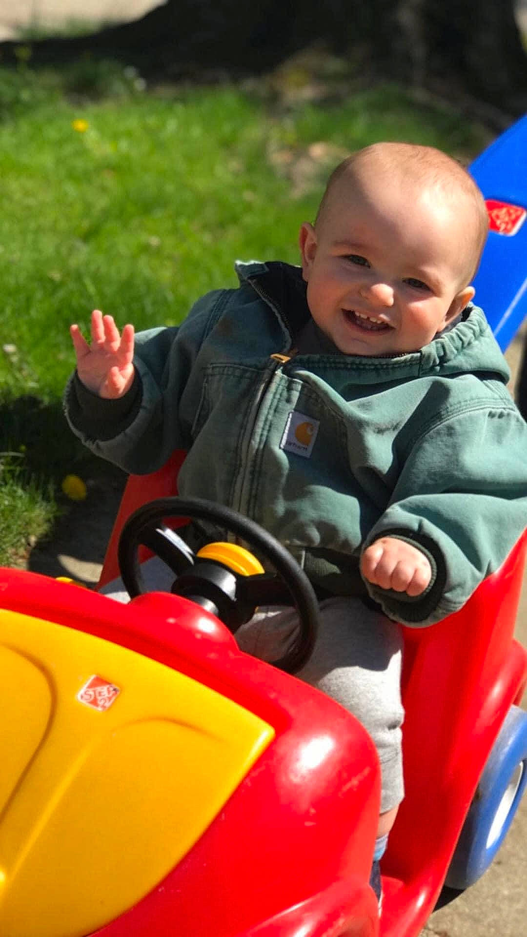 Huxley is registered to the contest to win money with this photo: child, fun, joy, person, play, product, riding_toy, toddler, toy, vehicle