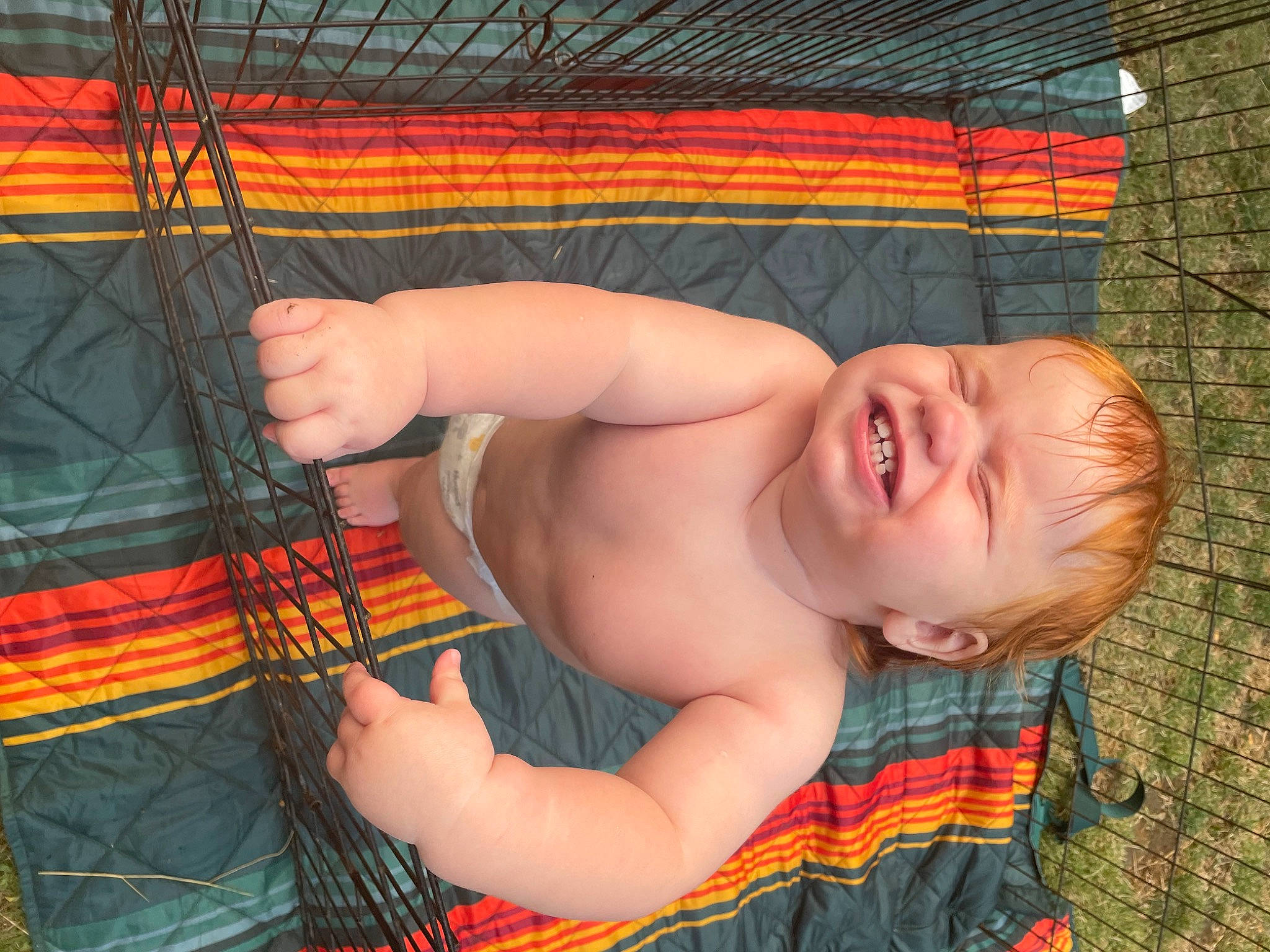 Calvin is registered to the contest to win money with this photo: arm, chest, chin, eye, finger, fun, hand, happy, human_body, leisure, mouth, muscle, orange, organ, people_in_nature, person, red, skin, smile, toddler