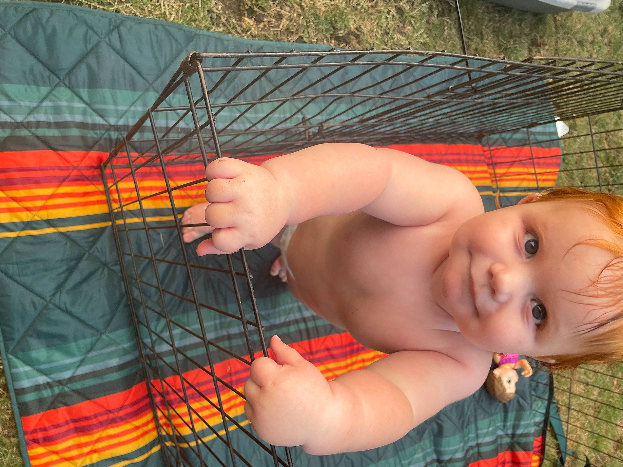 Calvin is registered to the contest to win money with this photo: baby, baby_products, chest, child, finger, fun, grass, hand, happy, joy, leisure, net, orange, pattern, people_in_nature, person, play, recreation, smile, toddler