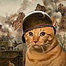 cat, helmet, war_scene, tank, soldier, planes, mountains, smoke, orange_cat, digital_edit, military, battlefield, animal, helmeted_cat, background, dramatic, camouflage, artificial, conflict, vintage_style