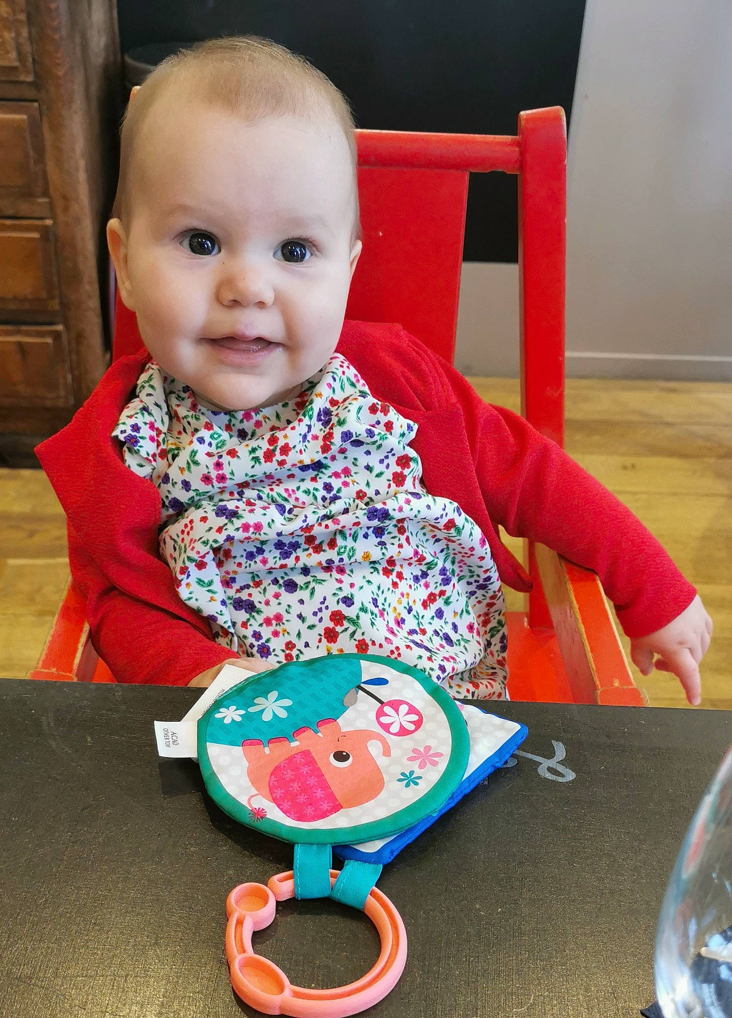 Anthéa participe au concours pour gagner de l'argent avec cette photo : baby, baby_playing_with_toys, baby_toddler_clothing, chair, cheek, child, door, dress, face, facial_expression, flooring, fun, happy, person, product, red, sitting, sleeve, smile, t_shirt