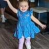 Dylani is registered to the contest to win money with this photo: adult, blue_dress, casual_clothing, child, cute, footwear, furniture, girl, hair_accessory, happy, home, indoor, motion, person, pink_leggings, playful, portrait, running, smiling, wooden_floor