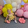 Dylani joined the competition — help win amazing prizes! child, toddler, yellow_headband, yellow_dress, pink_balloons, white_balloons, party_decor, balloons_cluster, sitting, smile, indoor, celebration, floor, shoe, headband_flower, playful, portrait, decoration, inflatable_flower, party_prop
