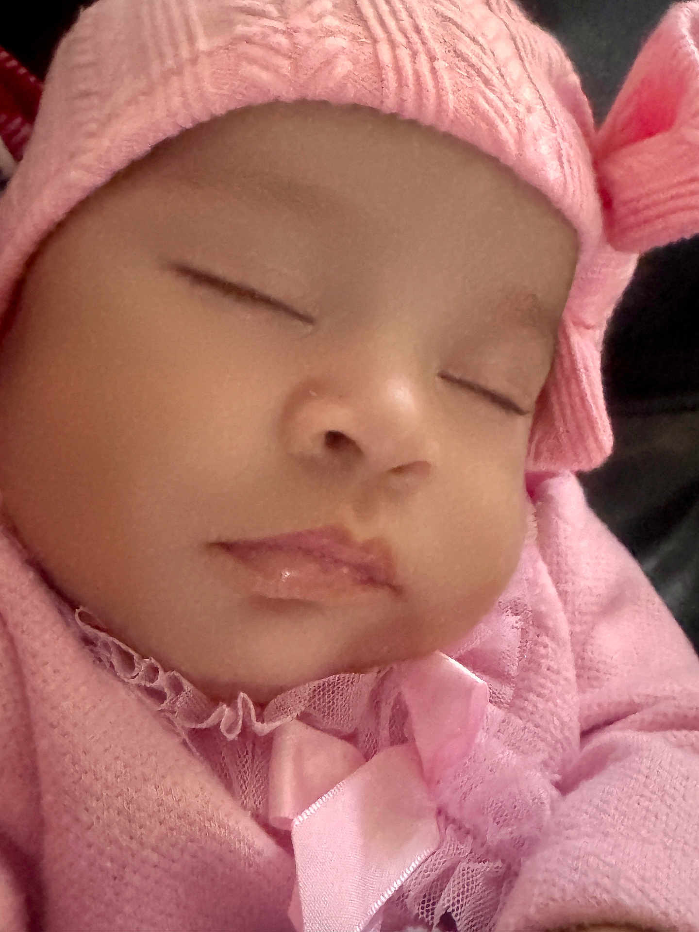 Renata Sophia is registered to the contest to win money with this photo: baby, sleeping, pink, hat, bow, closeup, face, infant, peaceful, soft, cute, child, adorable, knitwear, portrait, cozy, young, resting, newborn, warm