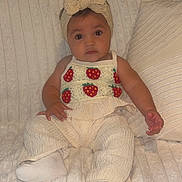 Romie joined the competition — help win amazing prizes! baby, child, headband, bow, strawberry, top, pants, socks, blanket, pillow, texture, indoor, cozy, cute, sitting, portrait, clothing, person, infant, soft