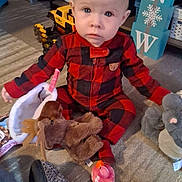 Grace joined the competition — help win amazing prizes! baby, child, plush_toy, rubber_duck, toy_truck, carpet, onesie, indoor, floor, decorative_blocks, expression, serious, cute, sitting, person, head, face, blue_eyes, red_clothing, soft_toys