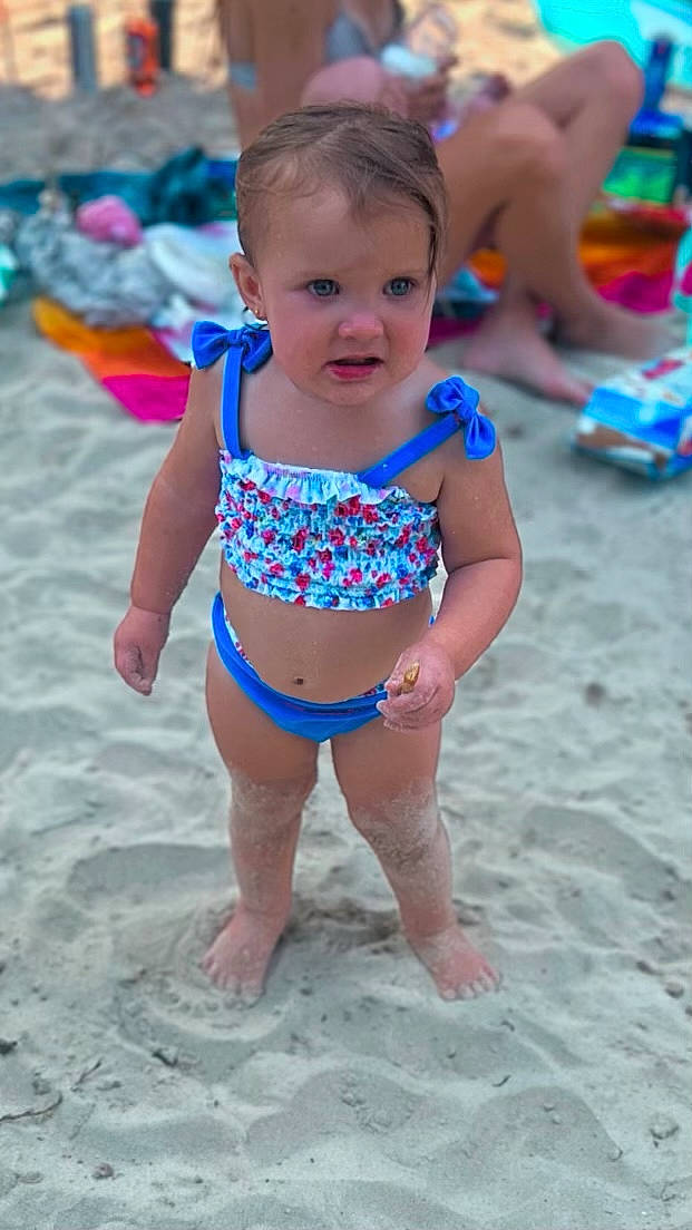 Daisy joined the competition — help win amazing prizes! barefoot, beach, blue, brassiere, child, fun, happy, human_leg, leisure, people_on_beach, person, photograph, pink, summer, swimwear, thigh, toddler, trunk, undergarment, waist