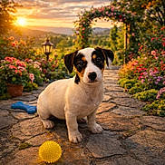 Bella participe au concours pour gagner de l'argent avec cette photo : dog, puppy, garden, sunset, flowers, stone_path, toy, ball, lantern, archway, greenery, cute, pet, portrait, outdoor, sunlight, evening, adorable, small_dog, pathway