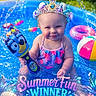 baby, toddler, crown, pool, water, toy, beach_ball, summer, splash, smile, child, outdoor, play, colorful, fun, swimwear, headwear, summer_fun, celebration, happy