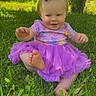 baby, child, clothing, cute, foot, grass, grass_field, greenery, hair_clip, happy, infant, nature, outdoor, playful, purple, sitting, smiling, sunlight, tree, tutu