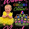 baby, blue, child, colorful, crown, cute, glitter, grass, green, jewels, neon_text, orange, outdoor, pink, portrait, sitting, smiling, sparkle, text_overlay, yellow_dress