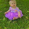 baby, barefoot, child, curious, cute, grass, greenery, infant, nature, outdoor, playful, portrait, purple_dress, sitting, small_bow, summer, sunlight, toddler, tree, tutu