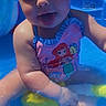 toddler, child, swimsuit, pool, water, toy, summer, playful, sunlight, outdoor, splash, blue, yellow, skin, face, tongue, happy, cute, sitting, fun