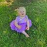 baby, barefoot, child, cute, daylight, grass, greenery, happy, innocence, nature, outdoor, playful, portrait, purple_tutu, sitting, summer, sunlight, toddler, tree, young_child