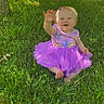 baby, barefoot, child, cute, daylight, grass, greenery, happy, nature, outdoor, park, playful, purple_tutu, short_sleeves, sitting, smiling, summer, sunlight, toddler, trees