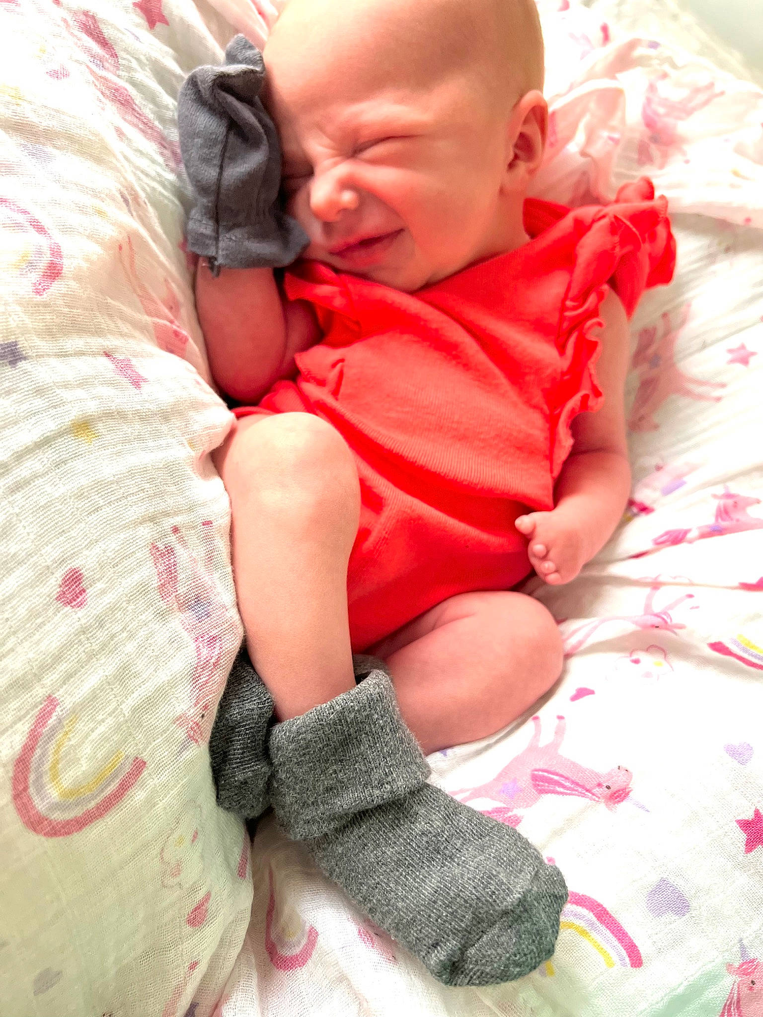 Marlee joined the competition — help win amazing prizes! baby, baby_sleeping, baby_toddler_clothing, comfort, cool, finger, happy, human_leg, joint, knee, lap, leg, linens, person, pink, skin, sleeve, sock, textile, thigh