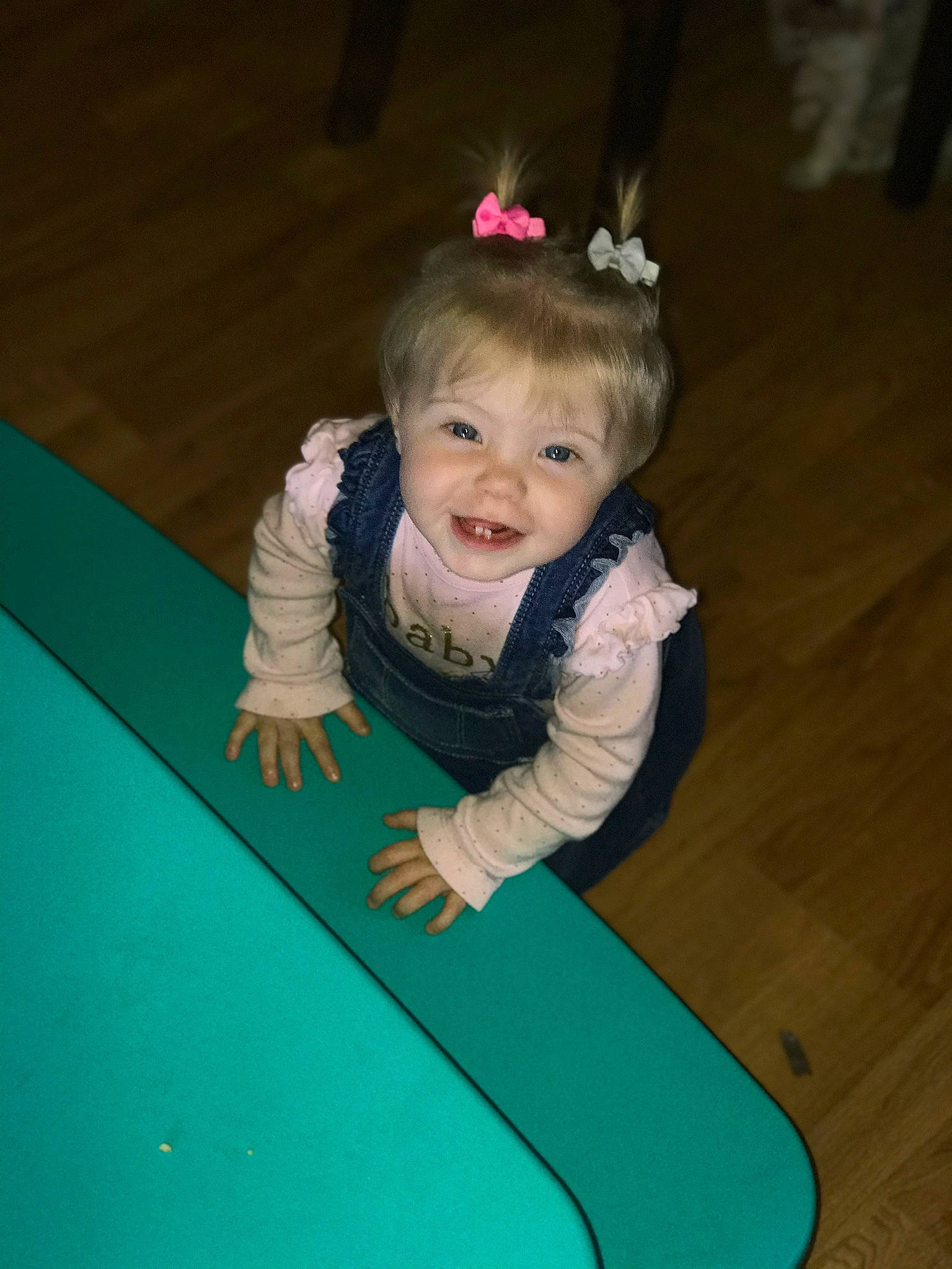 Everly is registered to the contest to win money with this photo: baby, baby_toddler_clothing, child, child_model, ear, eye, floor, flooring, hair_accessory, happy, headband, headpiece, joy, laugh, mouth, person, play, toddler, wood_flooring
