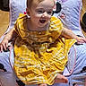 baby, child, infant, smiling, laughing, yellow_dress, plaid, bare_feet, seated, portrait, indoors, play_mat, minnie_mouse, cartoon, couch, wood_floor, happy, blond_hair, short_sleeves, photography