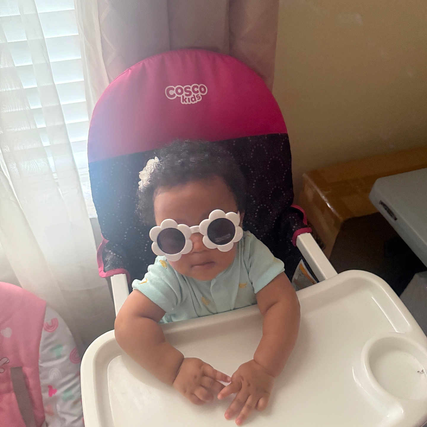 Taylr joined the competition — help win amazing prizes! baby, blue, child, clothing, cosco_kids, curtains, cute, face, flower_shaped, hand, high_chair, home, indoor, infant, person, pink, seat, sunglasses, table, window
