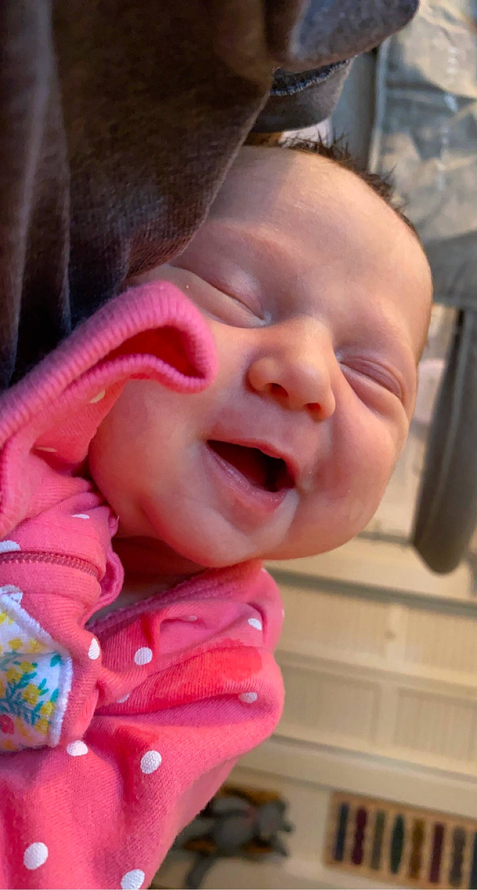 Angel is registered to the contest to win money with this photo: baby, baby_laughing, baby_toddler_clothing, cheek, child, chin, eye, finger, fun, gesture, happy, headgear, lip, mouth, nose, person, pink, skin, sleeve, smile