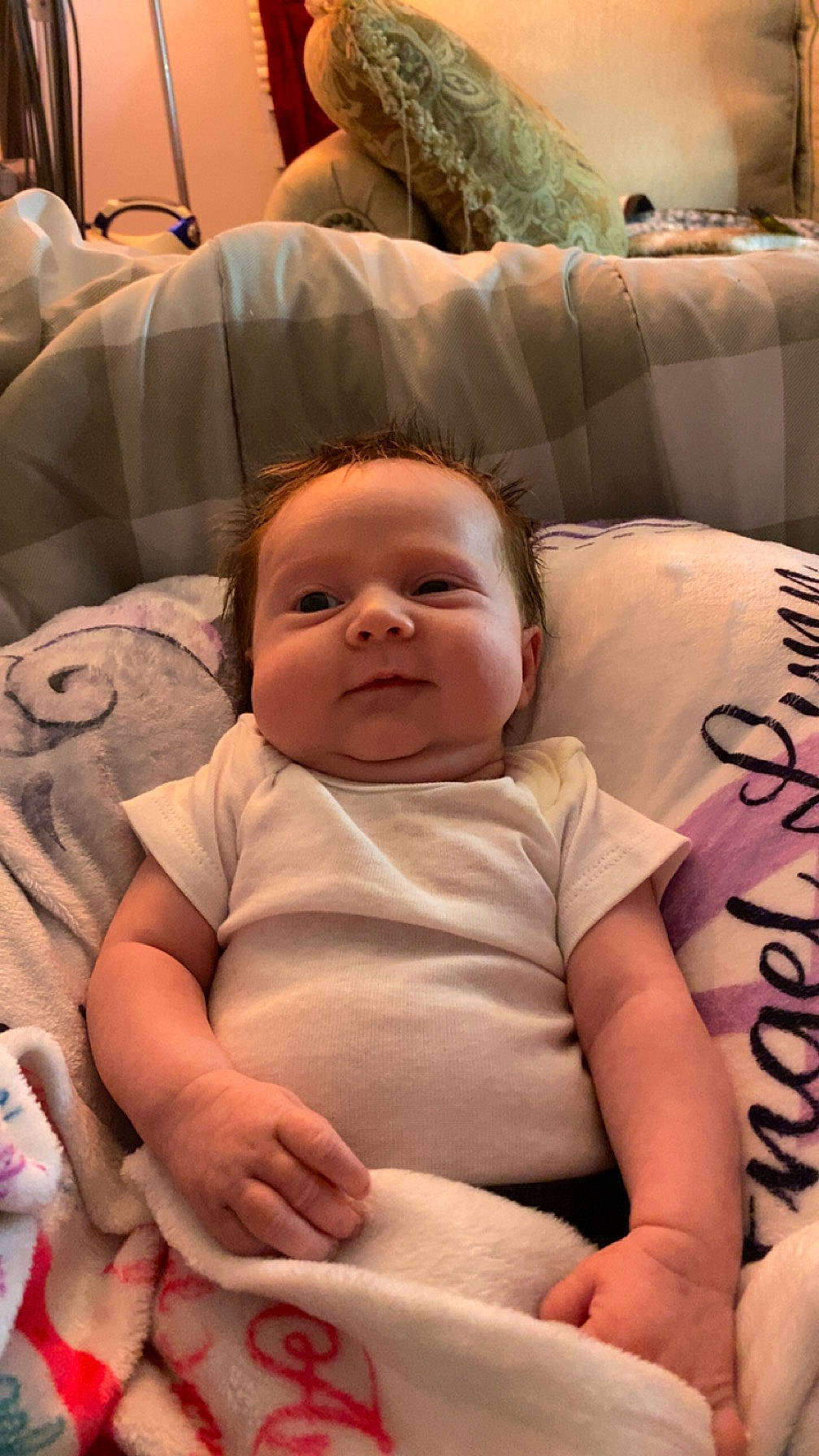 Angel joined the competition — help win amazing prizes! baby, baby_toddler_clothing, cheek, child, chin, comfort, eye, face, facial_expression, fun, happy, head, iris, linens, mouth, person, photograph, sitting, skin, smile